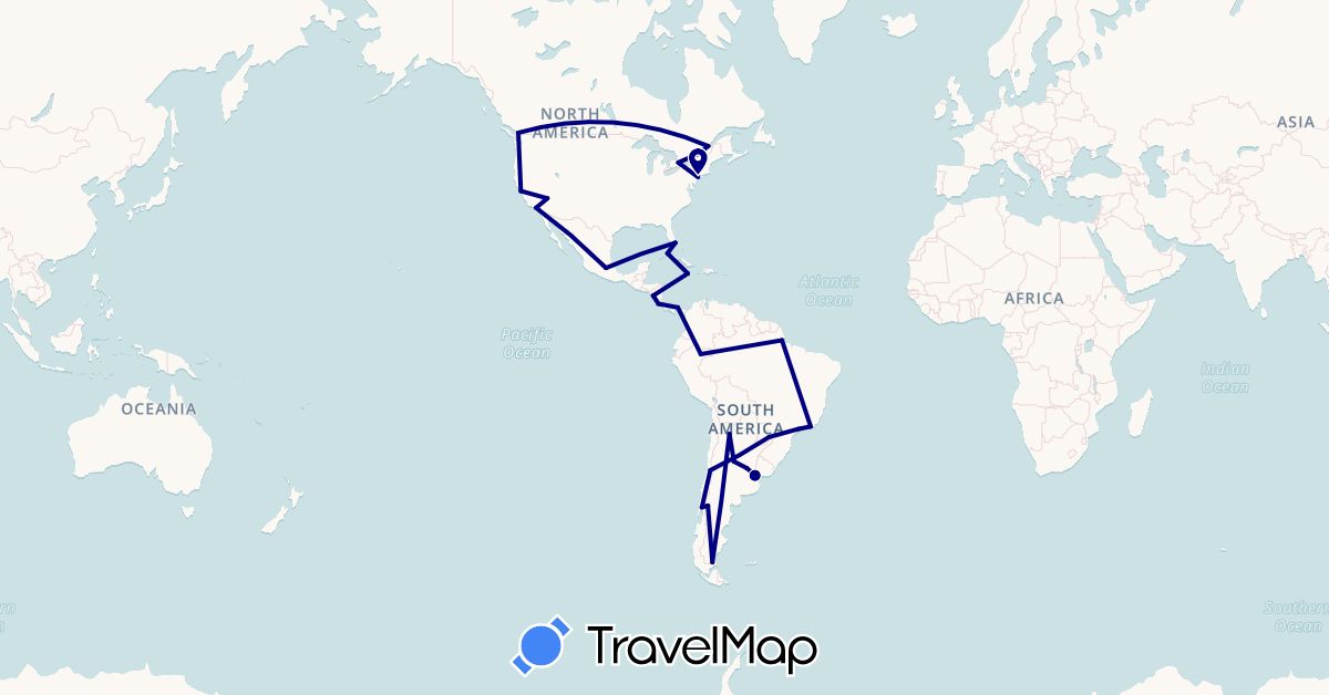 TravelMap itinerary: driving in Argentina, Brazil, Canada, Chile, Costa Rica, Cuba, Jamaica, Mexico, Nicaragua, Panama, Peru, United States (North America, South America)