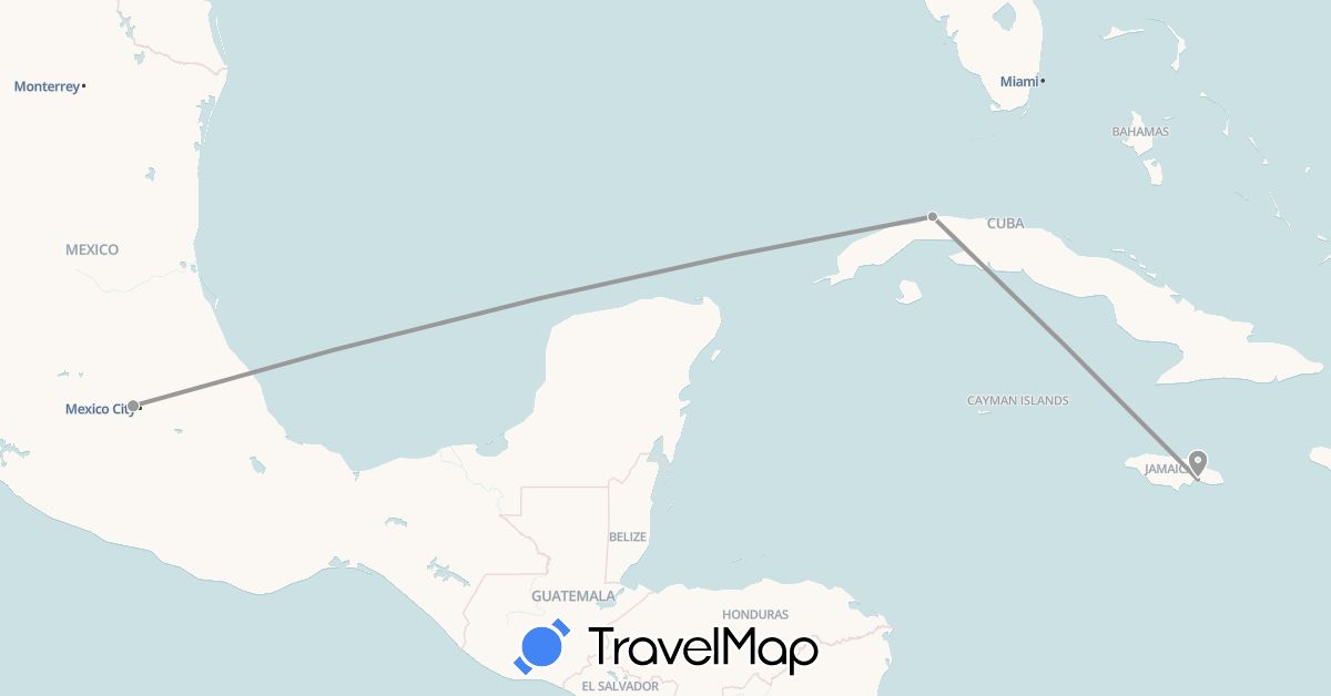 TravelMap itinerary: driving, plane in Cuba, Jamaica, Mexico (North America)